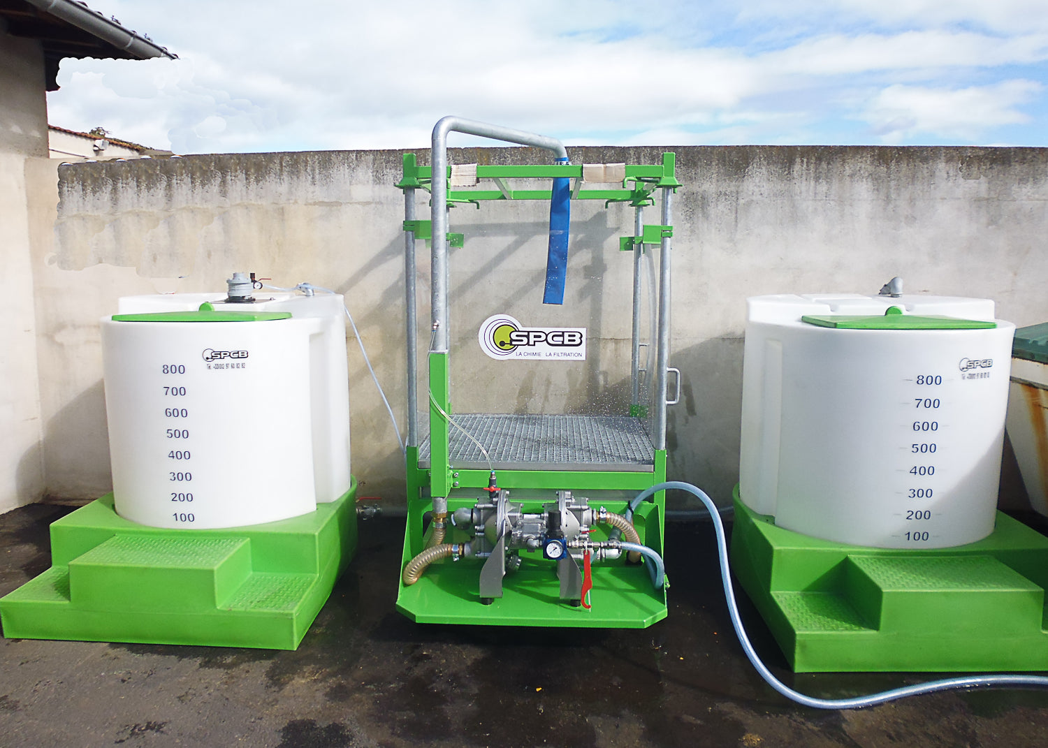 waste water treatment system including treatment and mixing tank, filtration stand, clean water holding tank and diaphragm pump