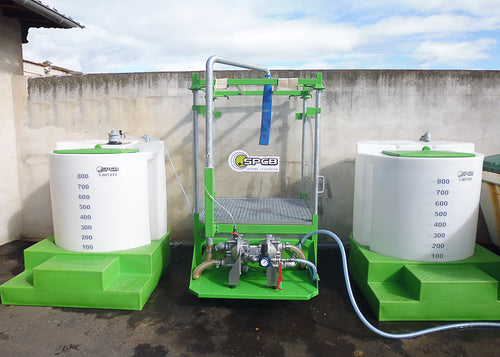 waste water treatment system including treatment and mixing tank, filtration stand, clean water holding tank and diaphragm pump