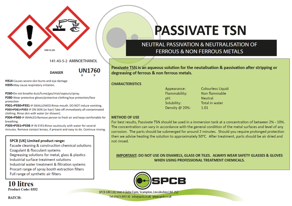 product label for our passivation chemical that will passivate metal after stripping and other treatments