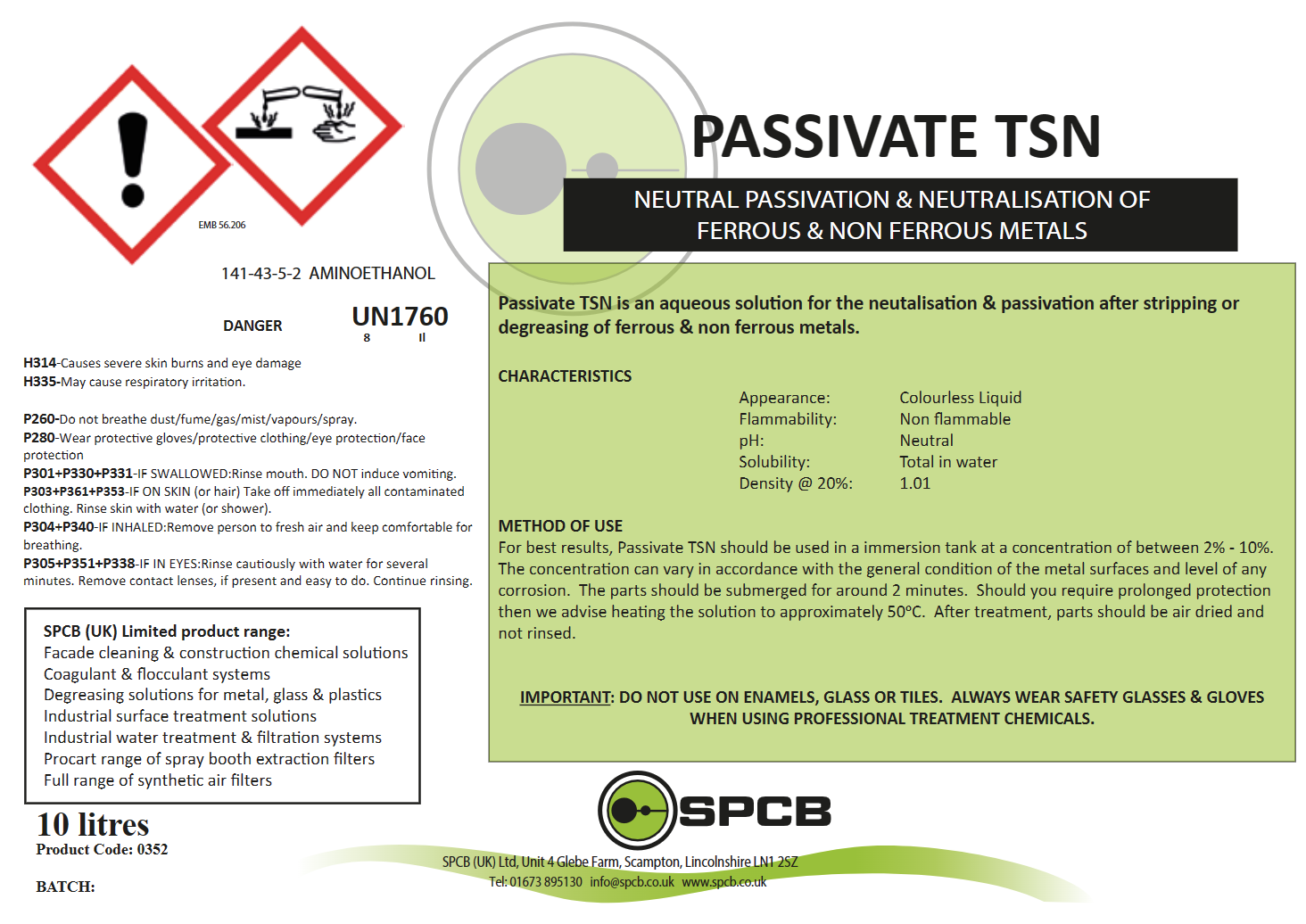 product label for our passivation chemical that will passivate metal after stripping and other treatments