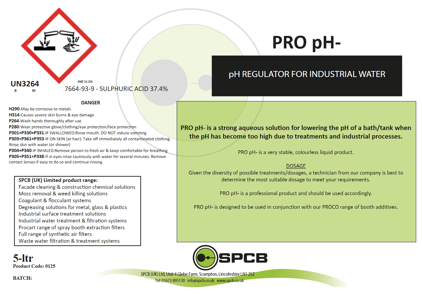 photo showing the product label for our industrial ph regulator which is designed to reduce the ph of industrial water.