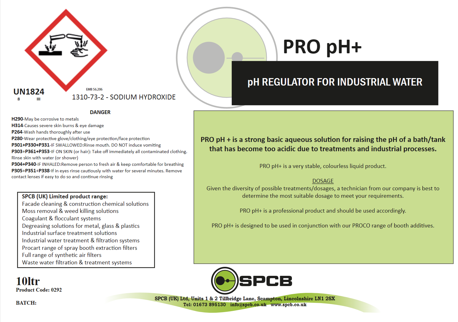 photo of the product label for our ph regulator for industrial water.  this product is designed to be added to water and raise the ph reading.
