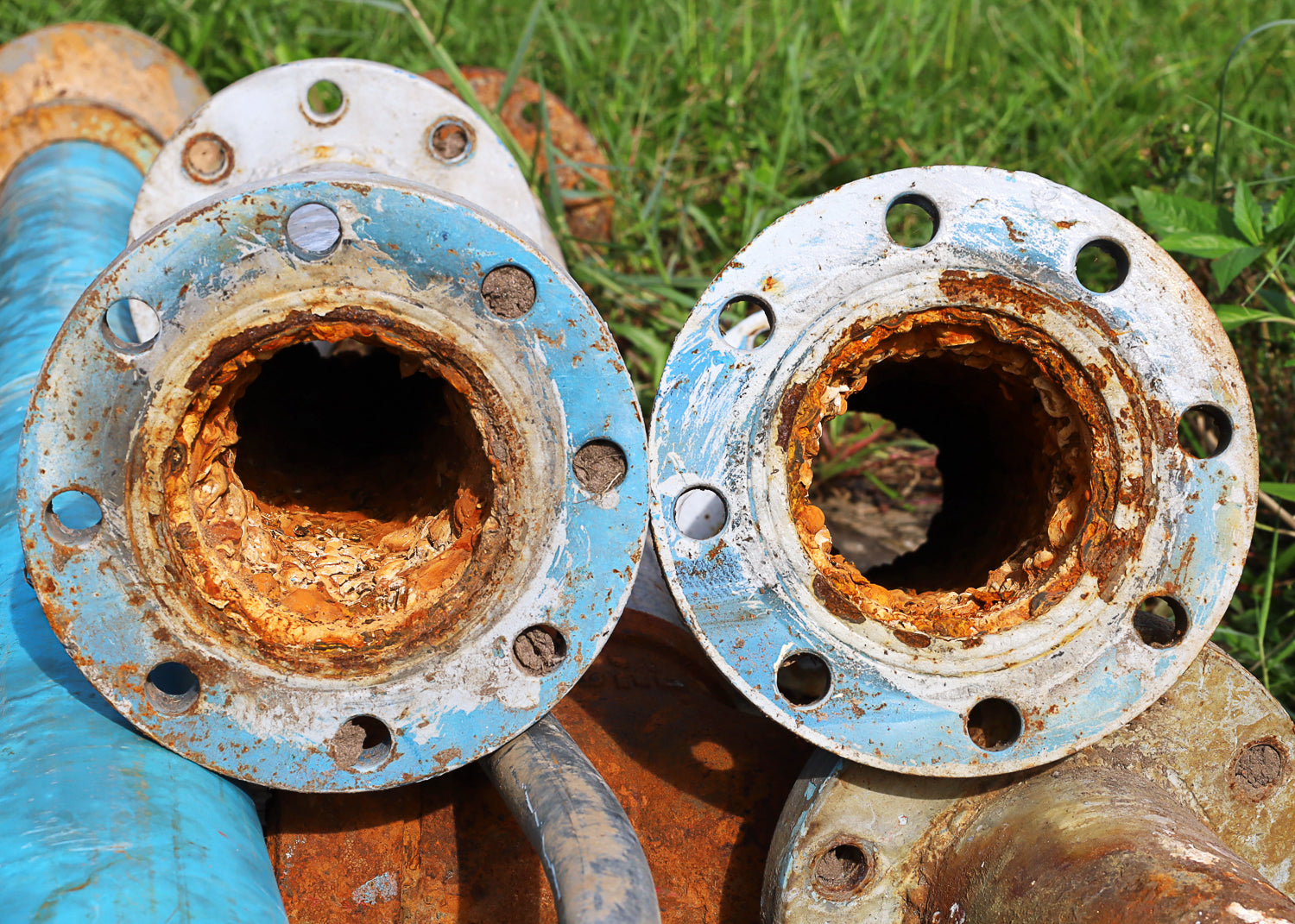 photo showing a pipe before and after its initial treatment with Detartrol. The second pipe shows much less scale therefore will product higher flow rates and fewer blockages.