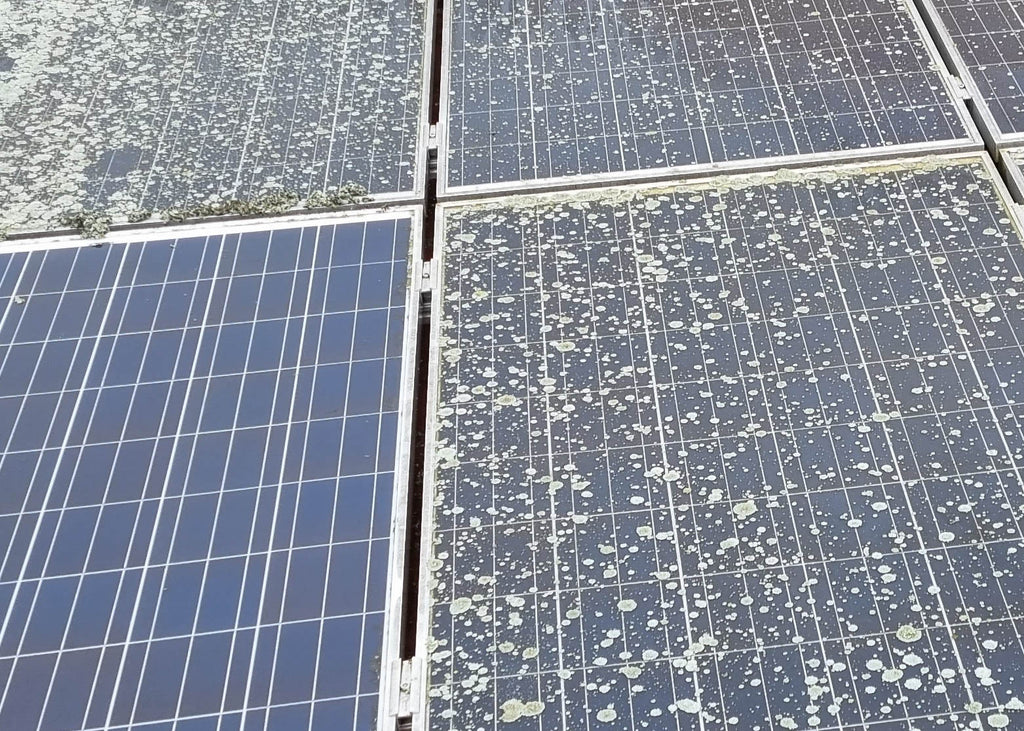 a dirty solar panel beside a clean solar panel.  Solar Clean V has been designed for the cleaning of solar panels and exterior glass structurers