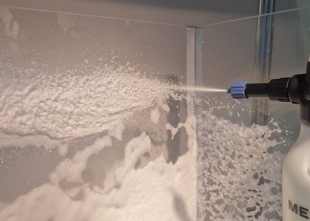 photo showing the foam that is formed when using the battery powered, foaming, chemical sprayer