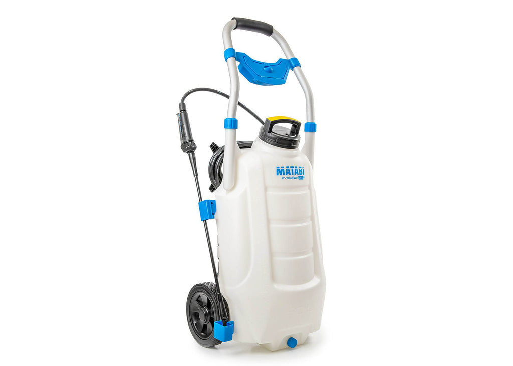 large capacity, battery powered sprayer, set on wheels to make the movement easy 