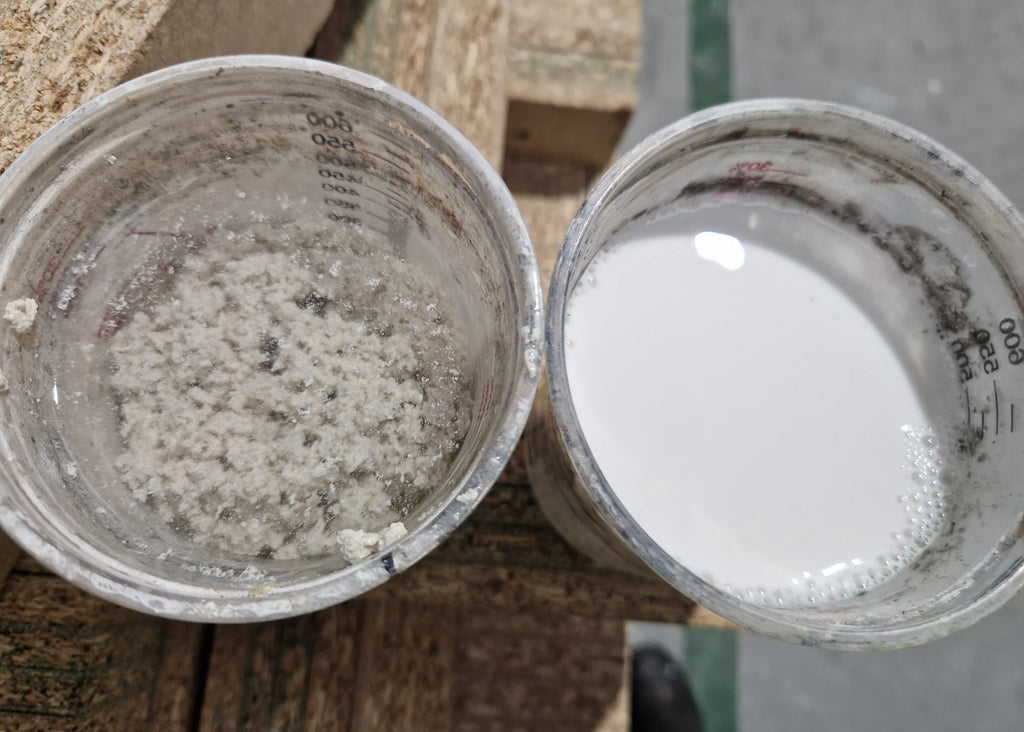 waste paint wash water before and after treatment with proco 416p which separates the paint solids from water allowing them to be filtered