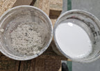 waste paint wash water before and after treatment with proco 416p which separates the paint solids from water allowing them to be filtered