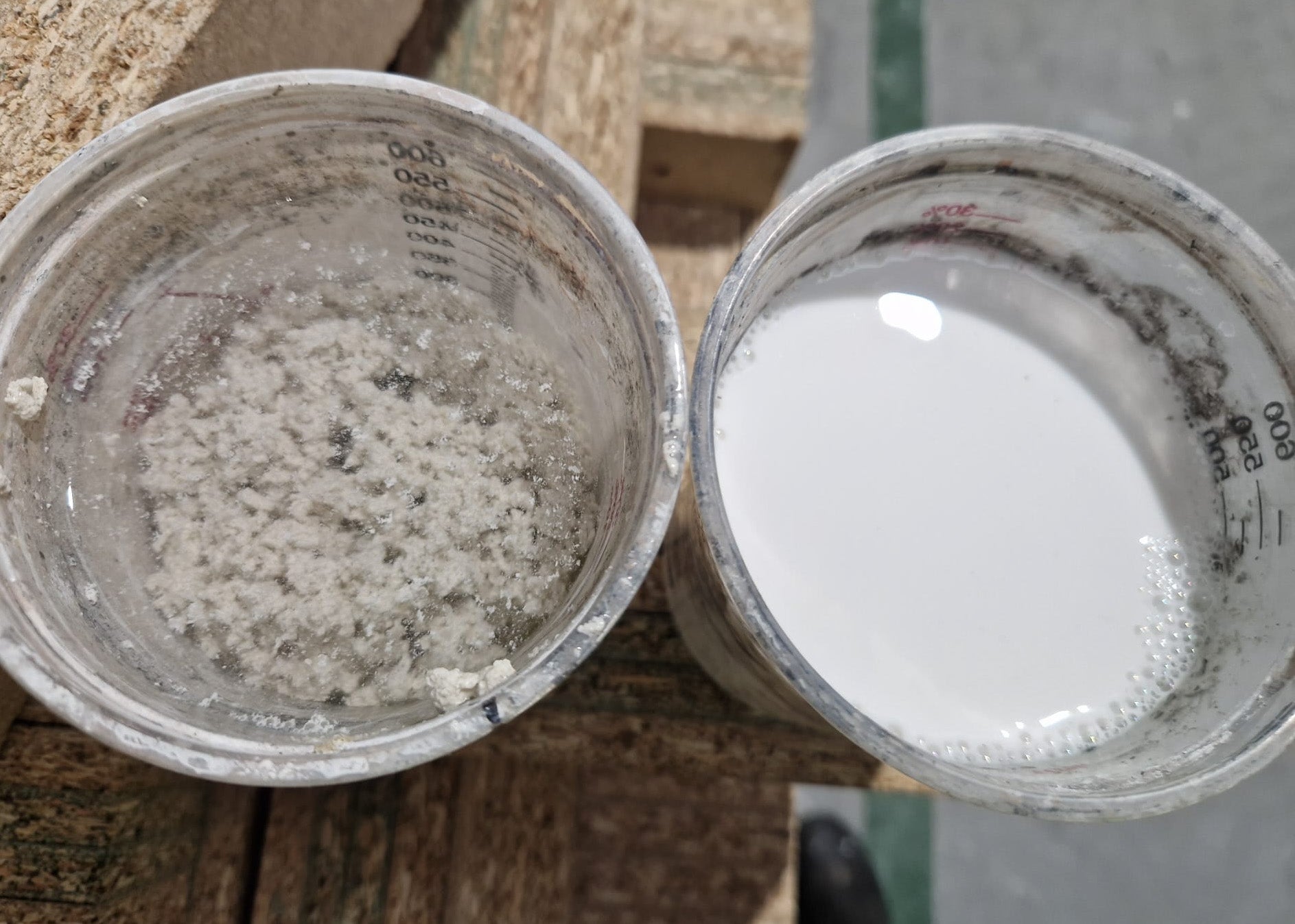 waste paint wash water before and after treatment with proco 416p which separates the paint solids from water allowing them to be filtered