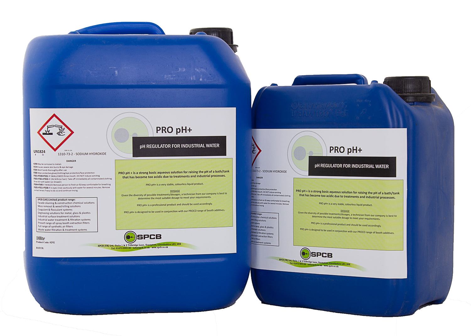 photo showing both a 5 litre and 10 litre container of our ph regulator. this regulator raises the ph of the water.